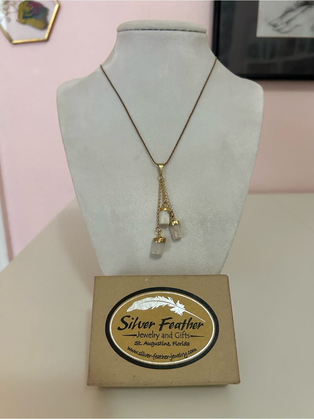 Triple Selenite Point Drop Pendant Necklace